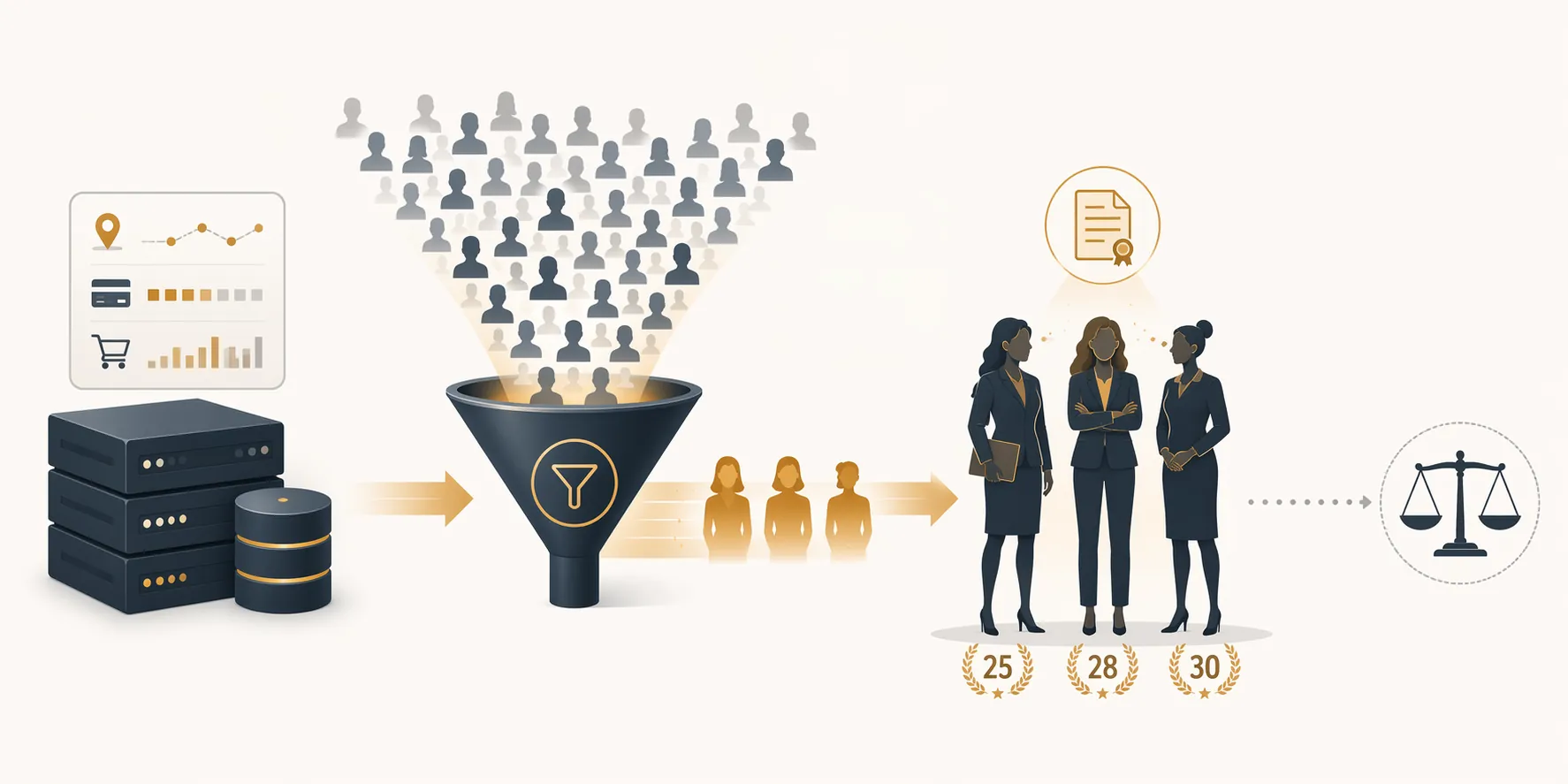 Infographic-style enforcement chain showing employee data passing through an algorithmic filter toward three long-tenured female employees and a distant scale of justice