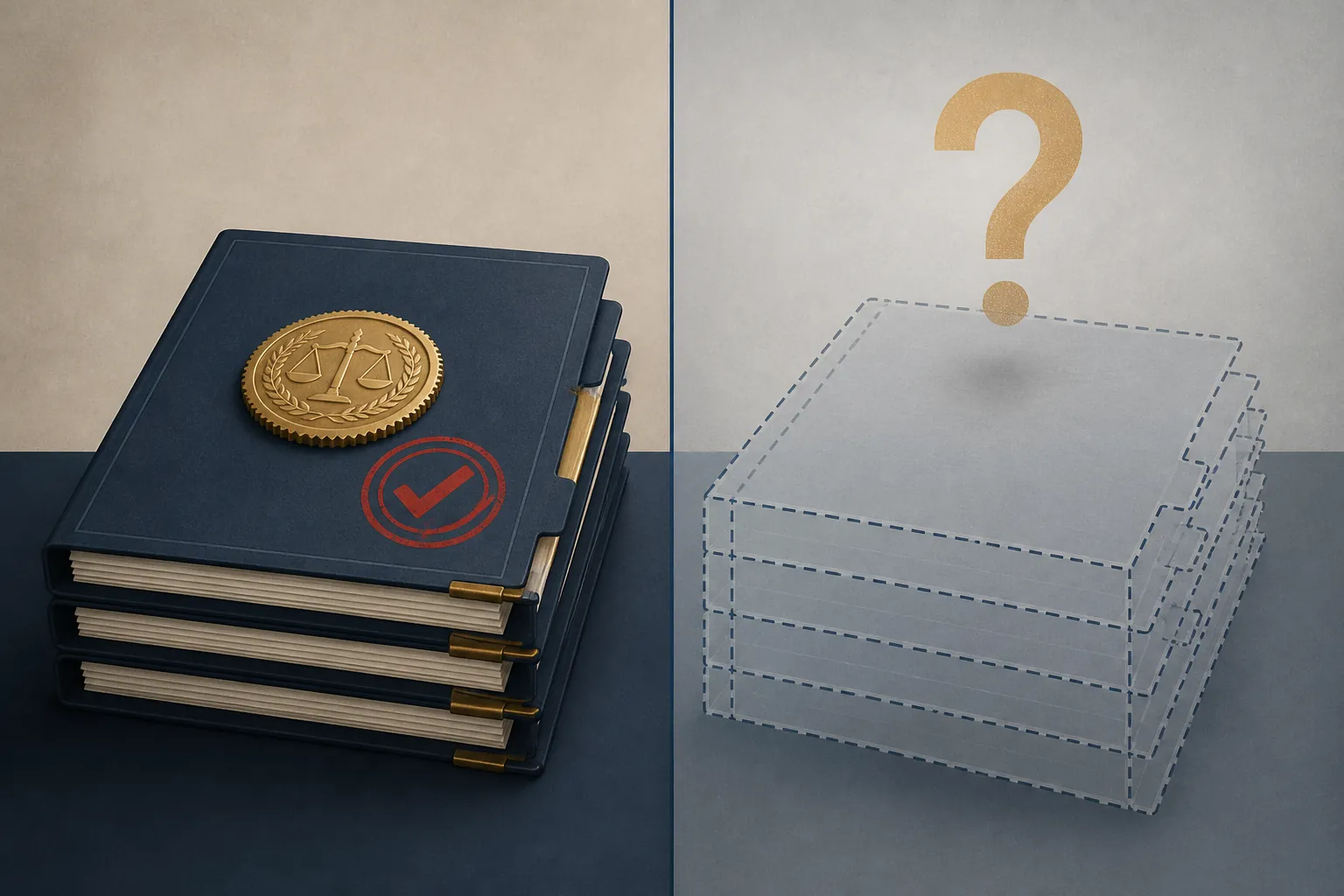 Two stacks of case files contrasting verified material with untested allegations