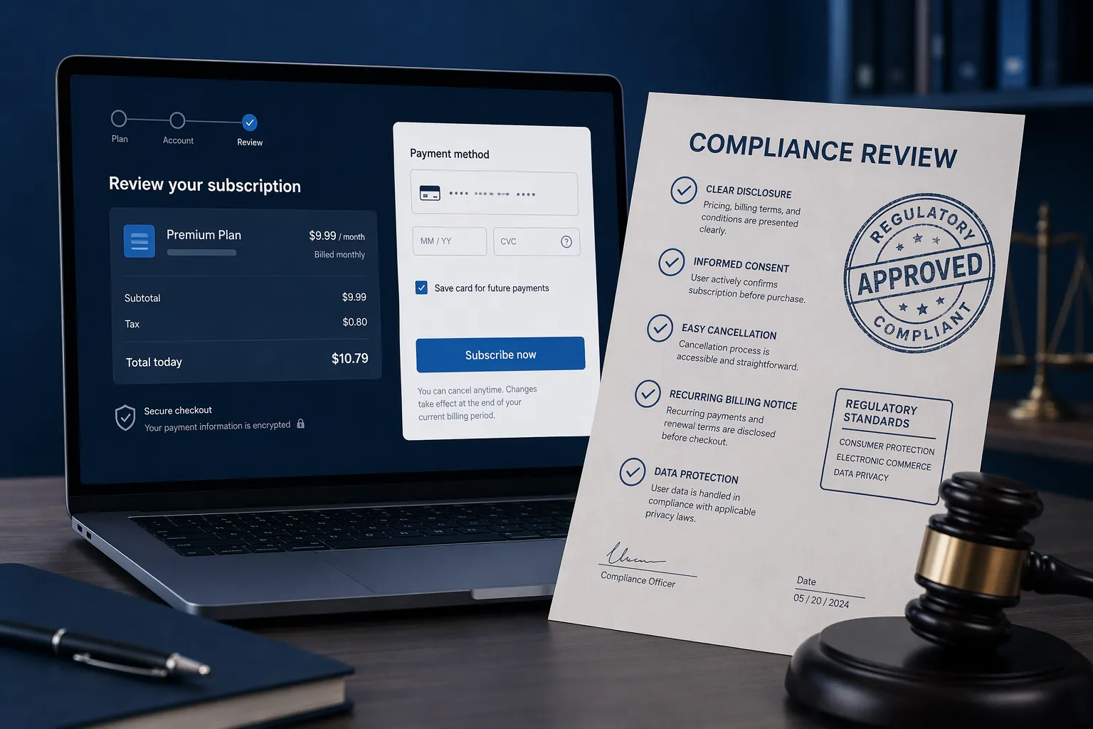 Subscription checkout interface beside a compliance document and gavel