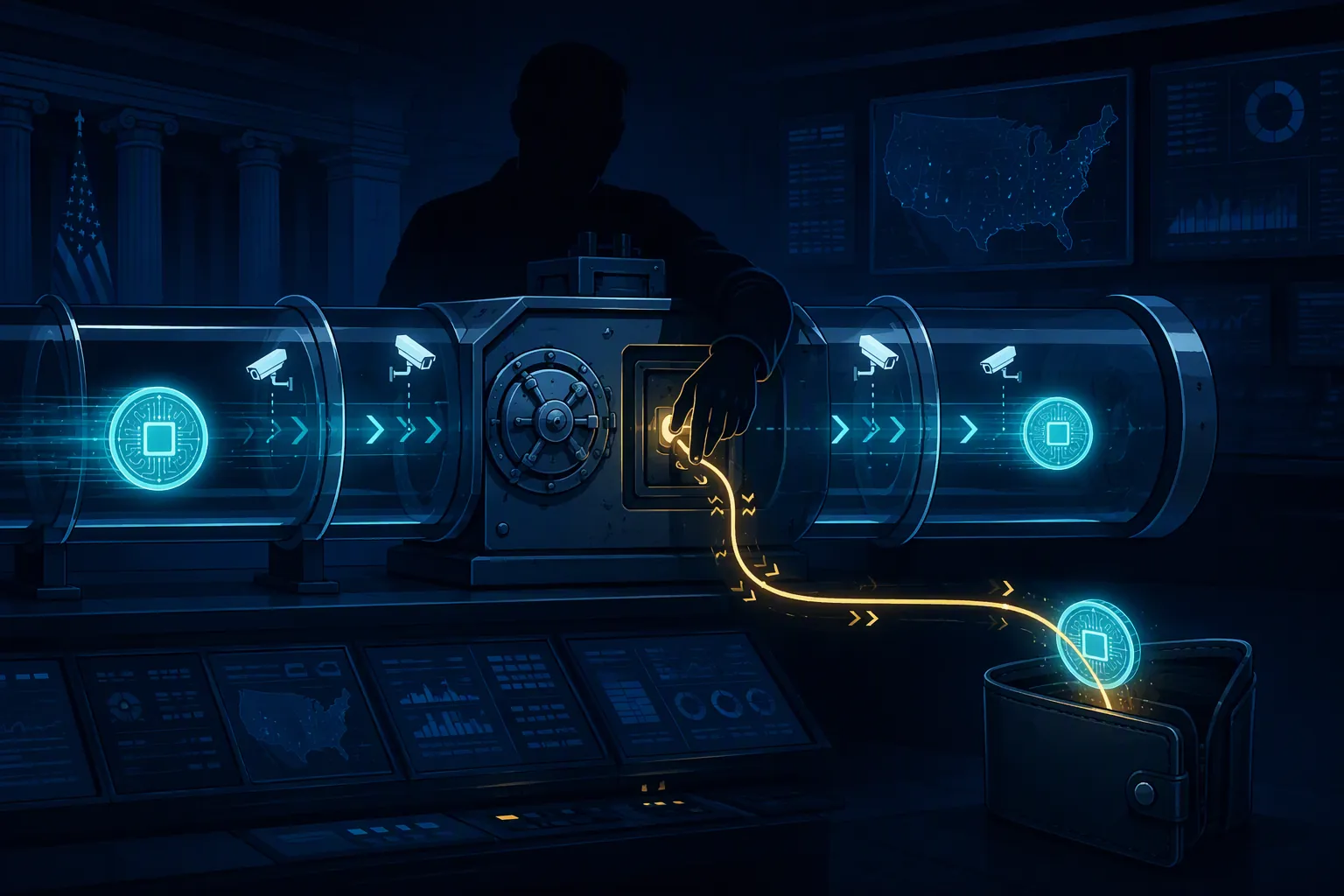 Digital coin diverted from a monitored custody pipeline toward an external wallet inside a federal control-room setting