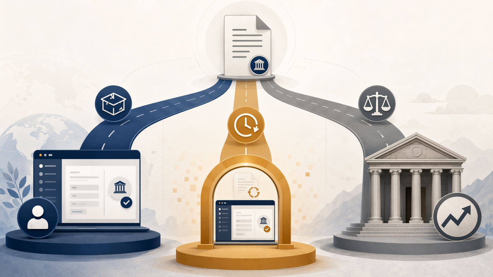 Three diverging procedural pathways from a central document toward a government portal, reliquidation gateway, and appellate courthouse