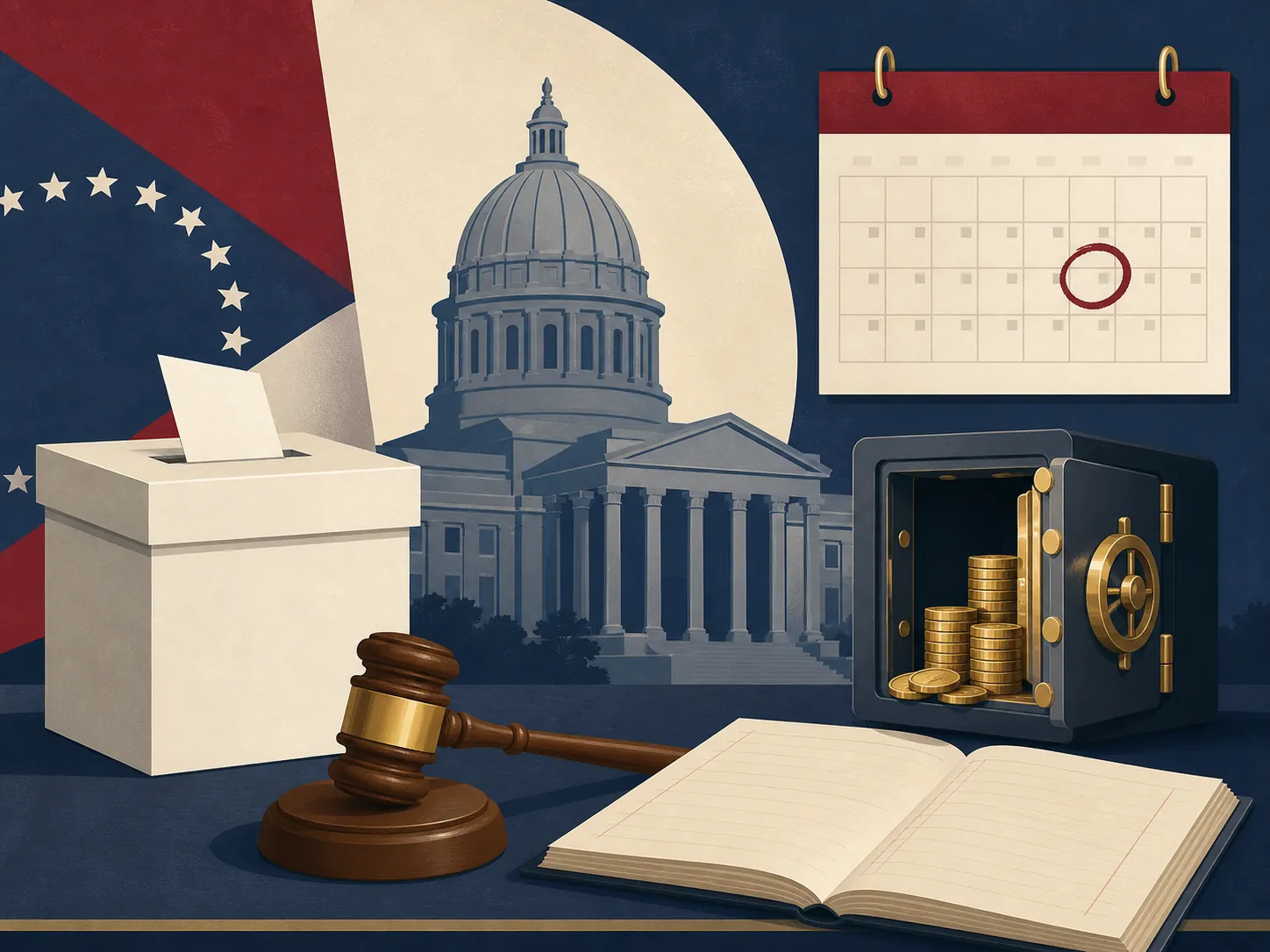 A ballot box near a Missouri statehouse, treasury vault, gavel, ledger, and calendar