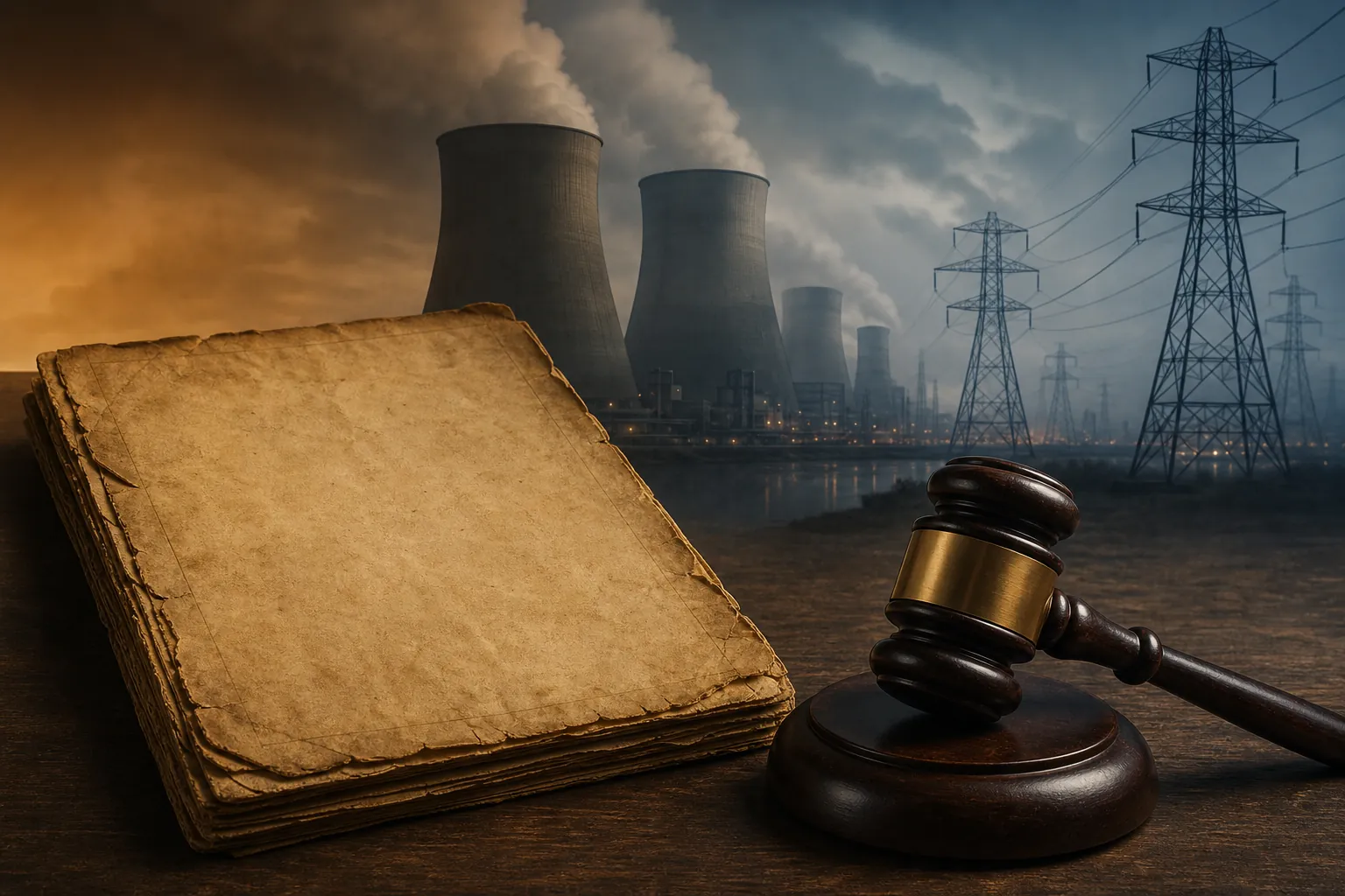 Vintage 1935 legal document with a gavel, power plant cooling towers, and transmission lines