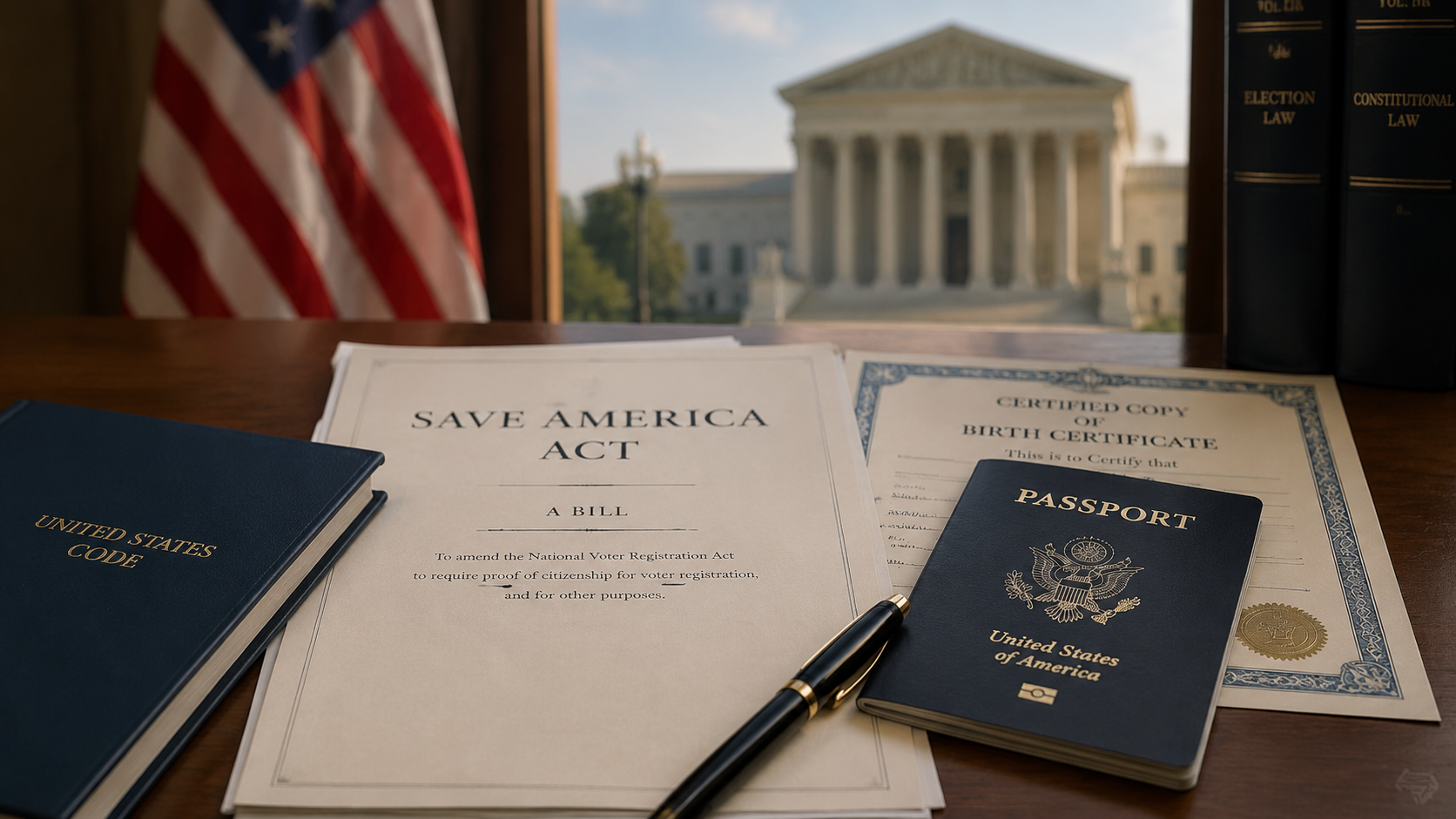 Official SAVE America Act document beside a passport and certified birth certificate on a government-style desk