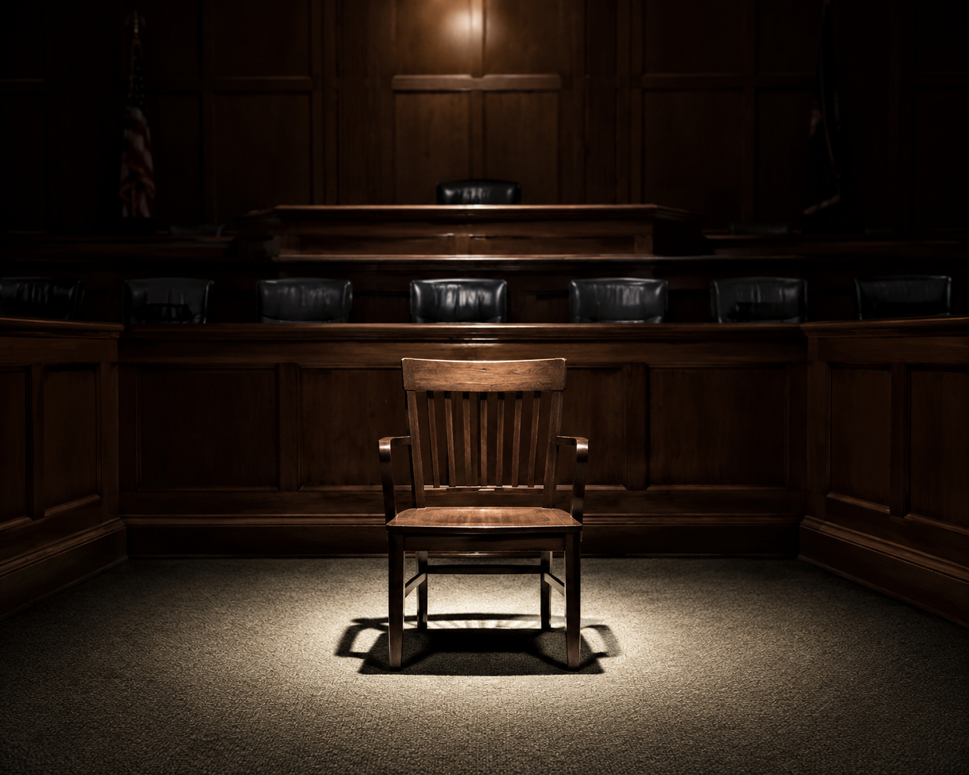 An empty witness chair under a harsh overhead light in a dim grand jury room