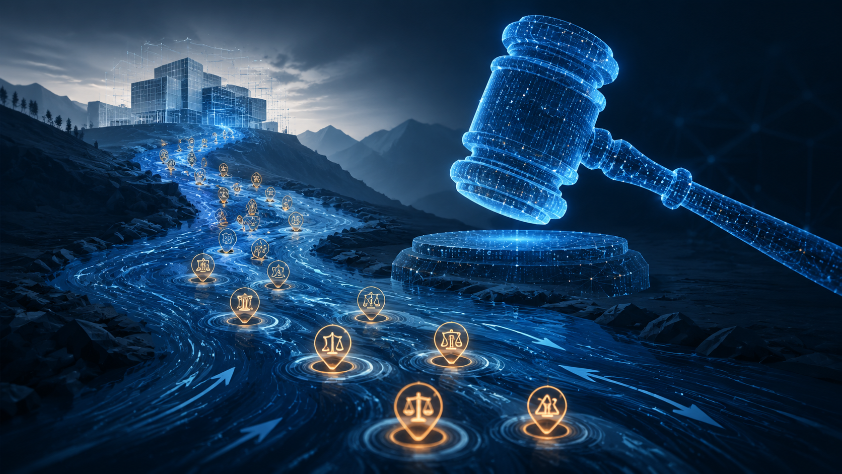Translucent digital gavel above an abstract river of code and neural network patterns