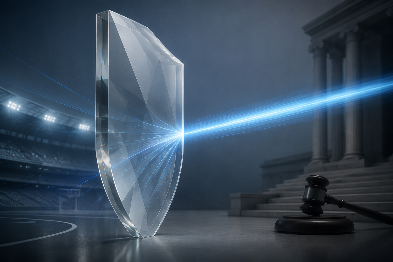 A crystalline shield representing league governance protections refracting the beam of a federal investigation