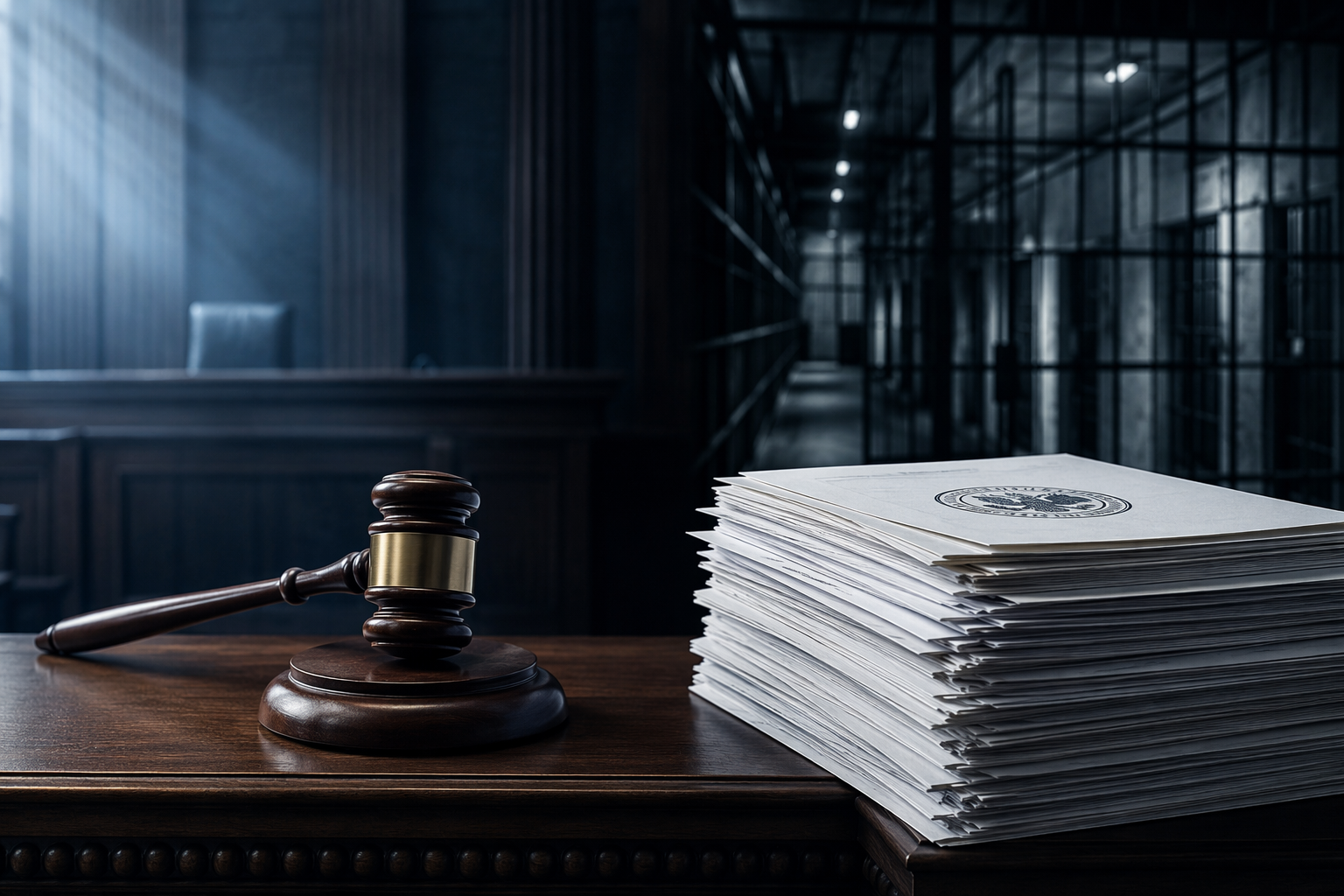 Courtroom bench with legal documents in front of blurred detention facility bars