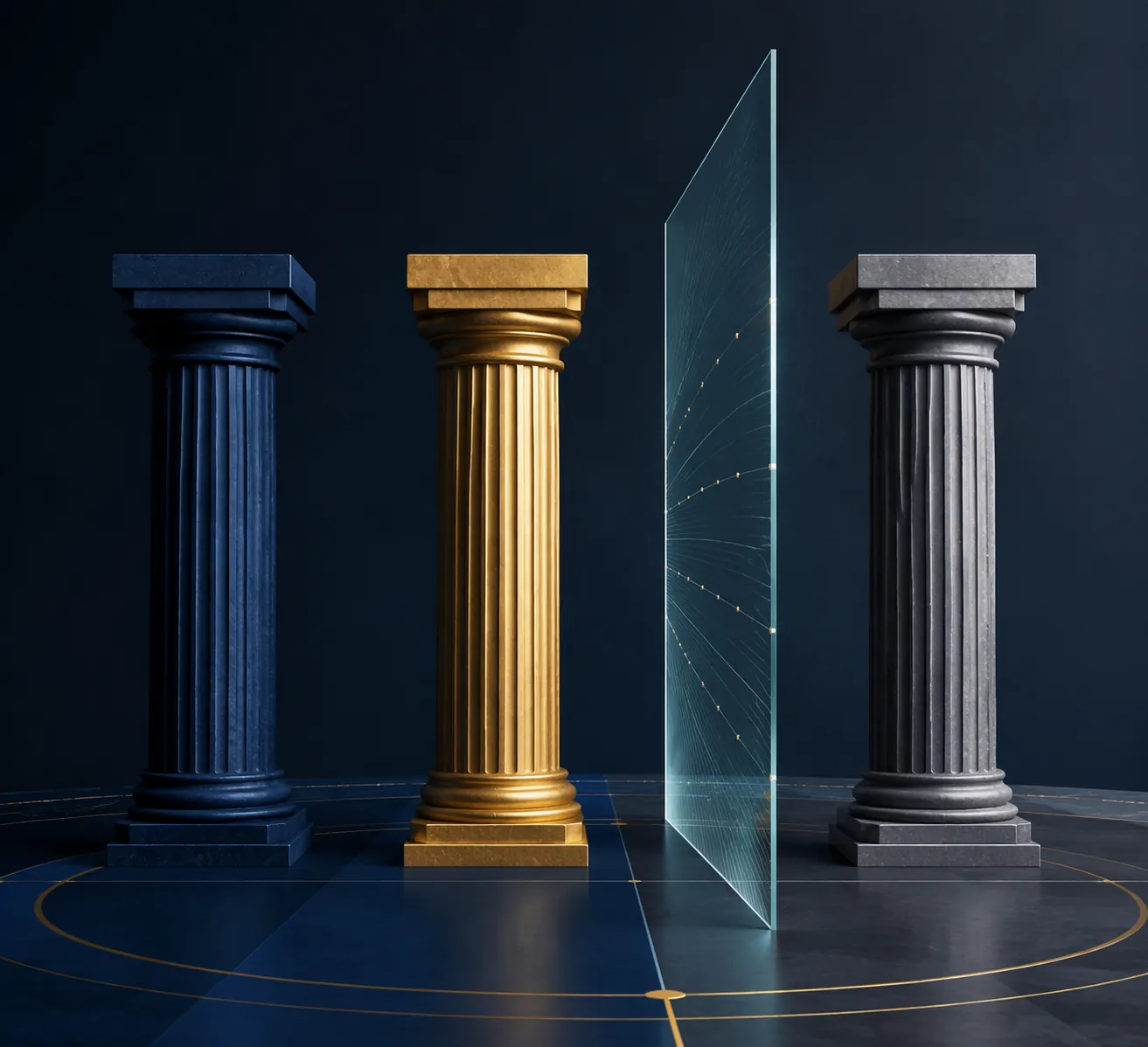 Abstract pillars representing legislative, executive, and judicial branches separated by a boundary line