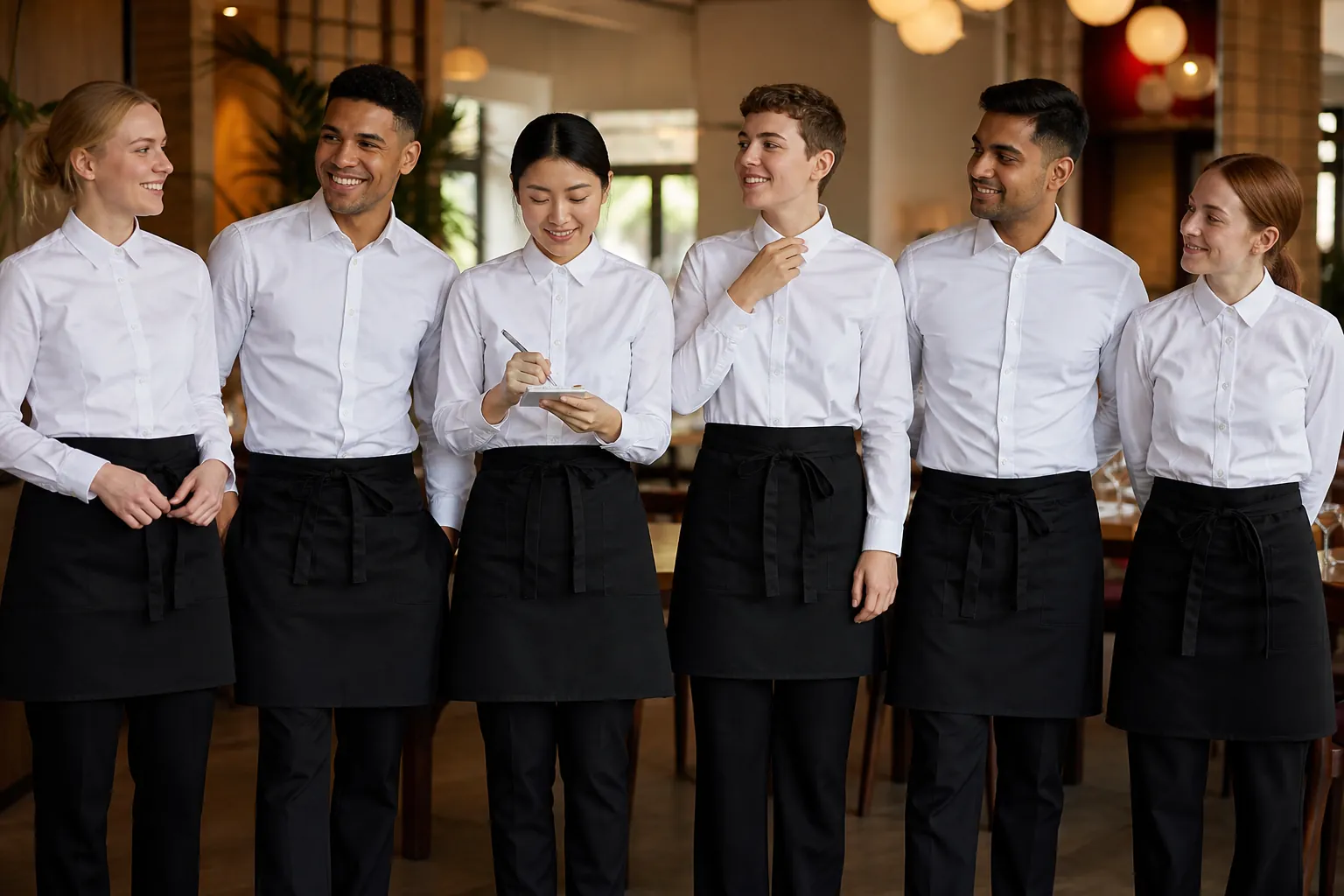 Restaurant service team wearing identical gender-neutral uniforms in a modern dining room