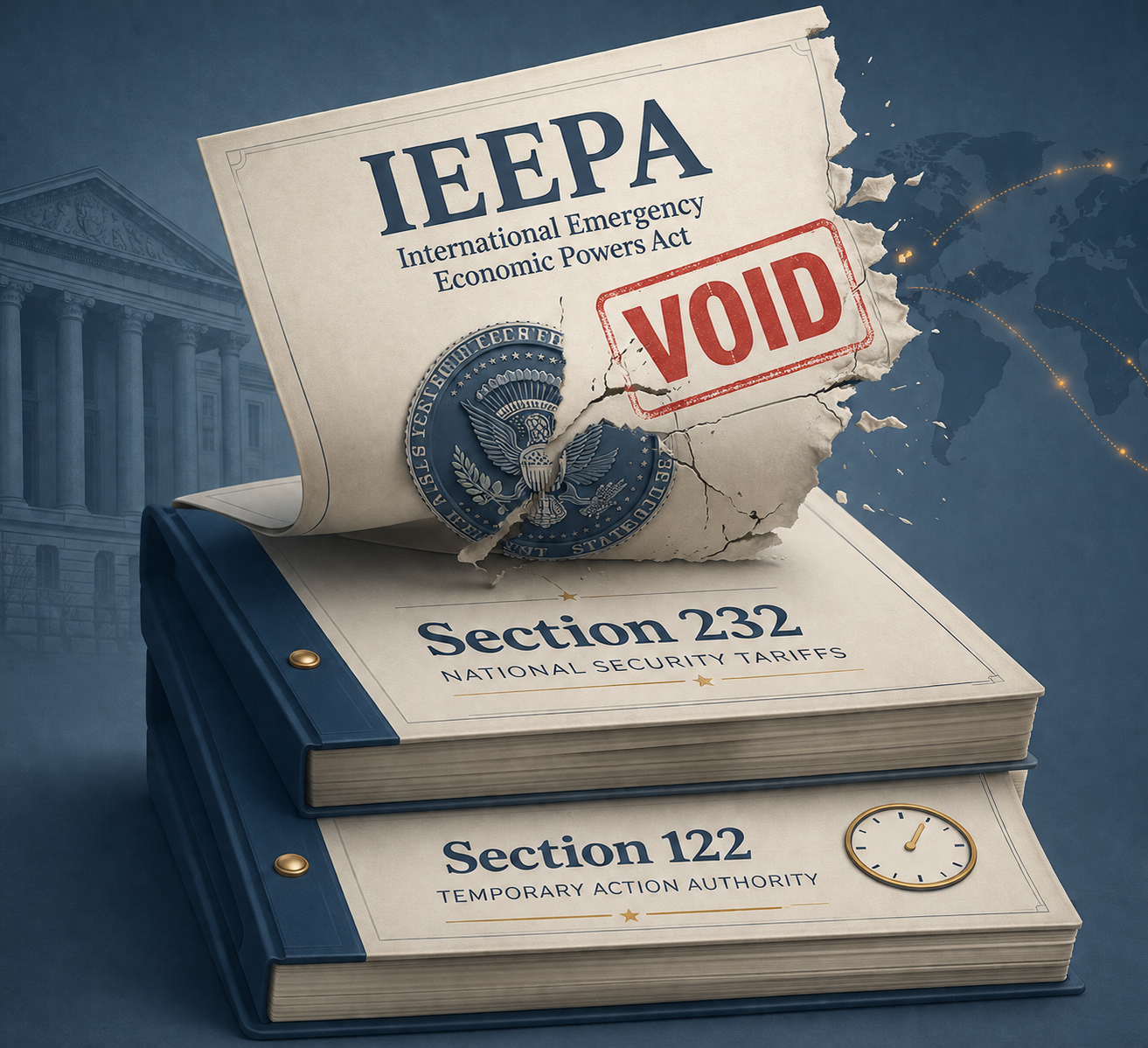 Layered legal document stack with IEEPA marked void while Section 232 and Section 122 remain below
