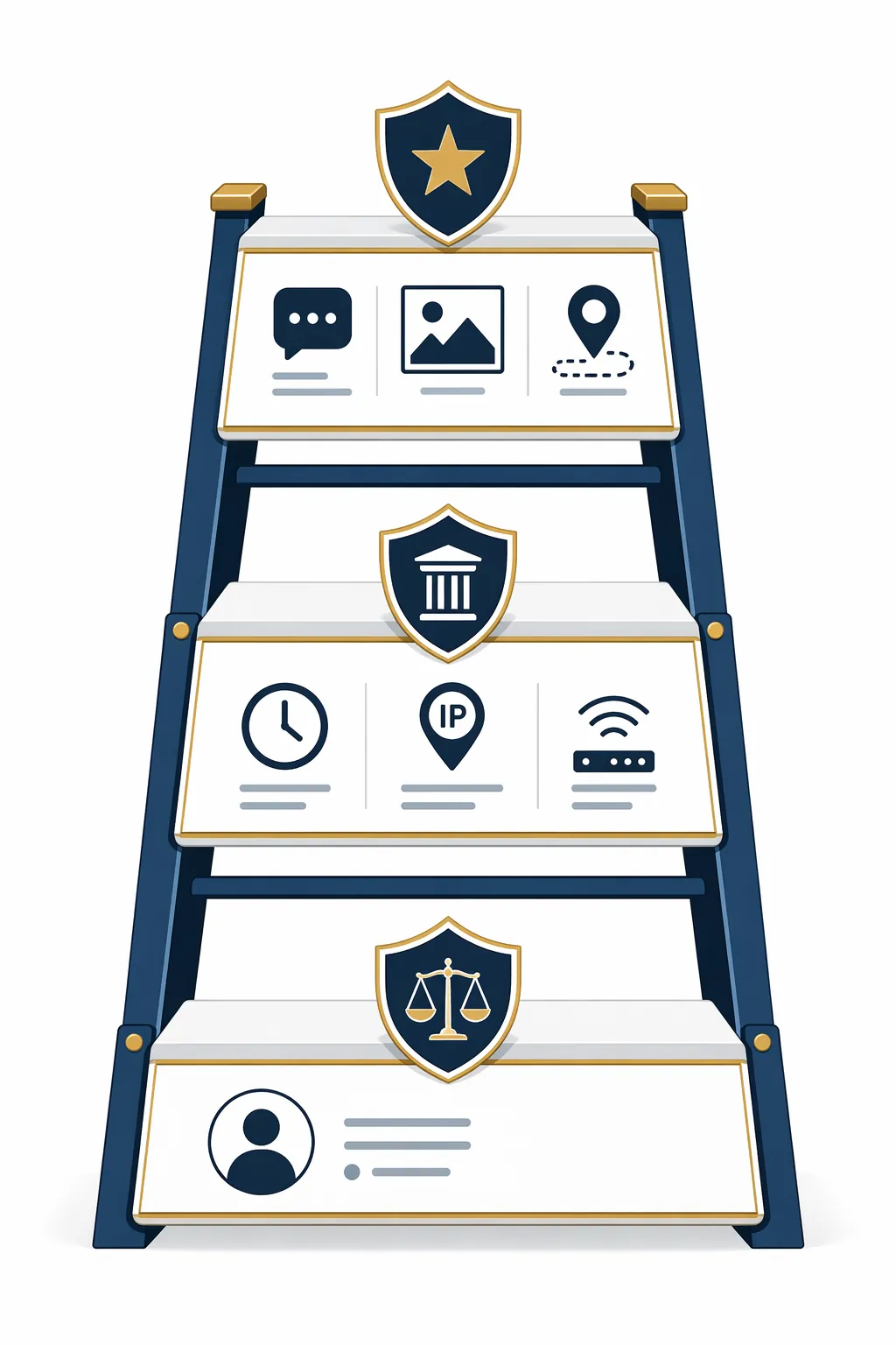 Three-tier ladder showing subpoena for subscriber records, Section 2703(d) order for non-content records, and search warrant for message content