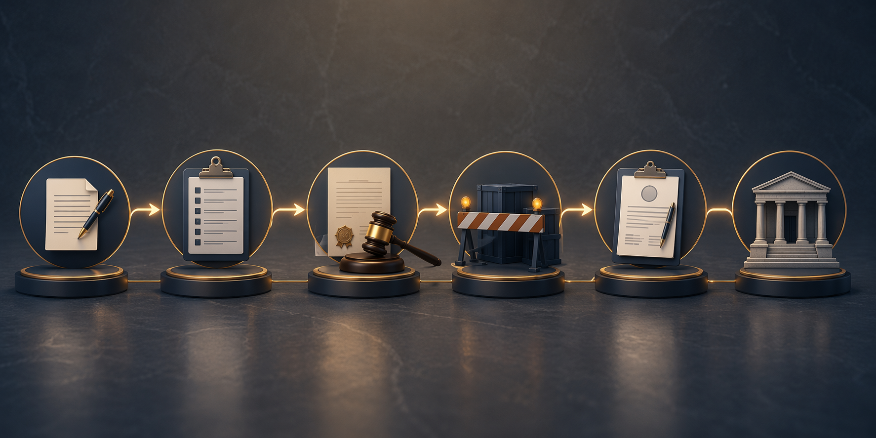 Conceptual procedural chain showing tip, site visit, warrant, seizure, citation, and courthouse markers