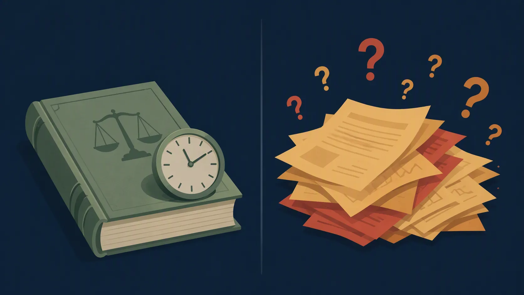 Statute book with clock beside unsorted papers marked with question marks