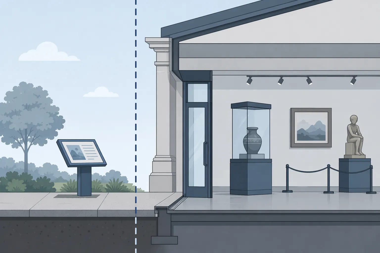 Diagram of a museum entrance showing a sidewalk sign outside and exhibit displays inside separated by a jurisdictional boundary