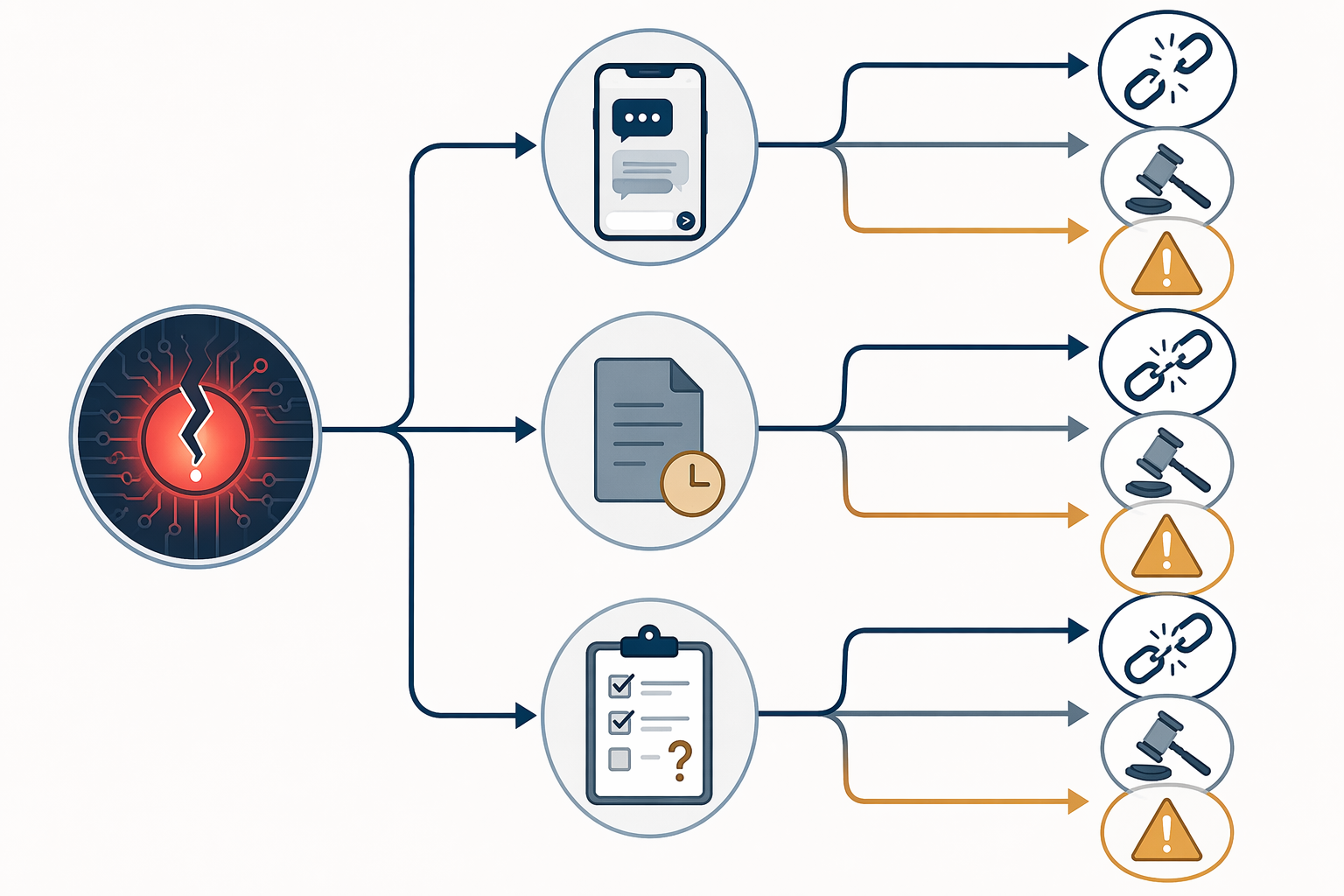 Risk-chain framework showing one AI outage branching into consumer chat, cached work, skipped checklist, and legal exposures