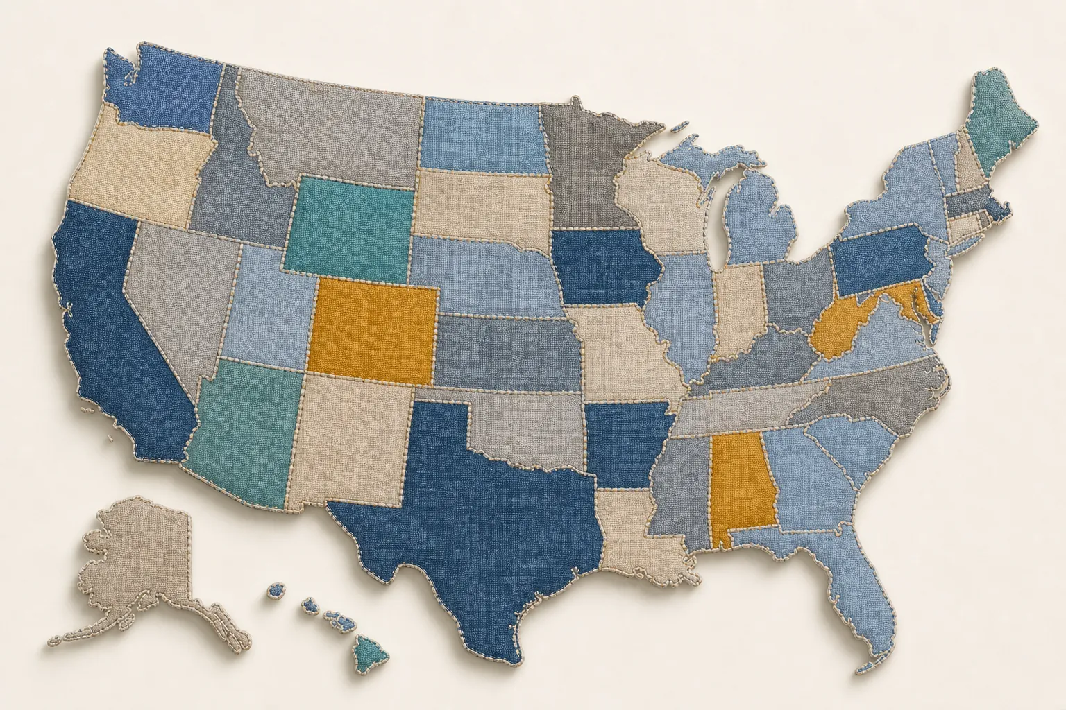 Patchwork United States map suggesting differing state laws across jurisdictions