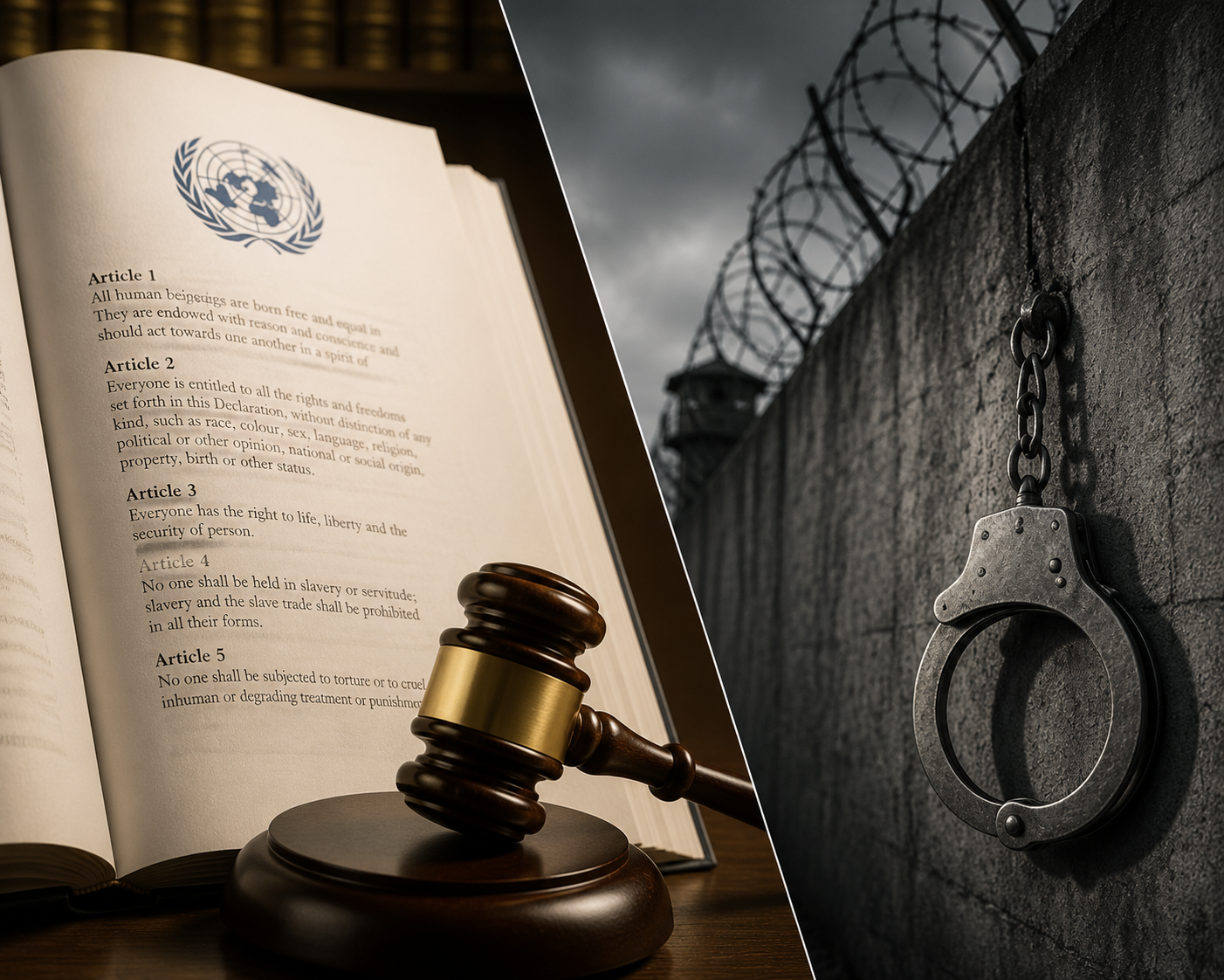 Open UN treaty document beside a prison wall and handcuffs