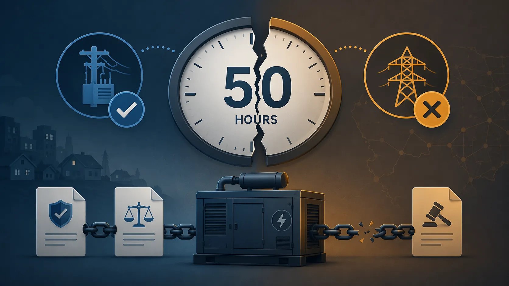 A 50-hour clock showing a compliance gap between local utility dispatch and RTO or ISO-directed backup generation