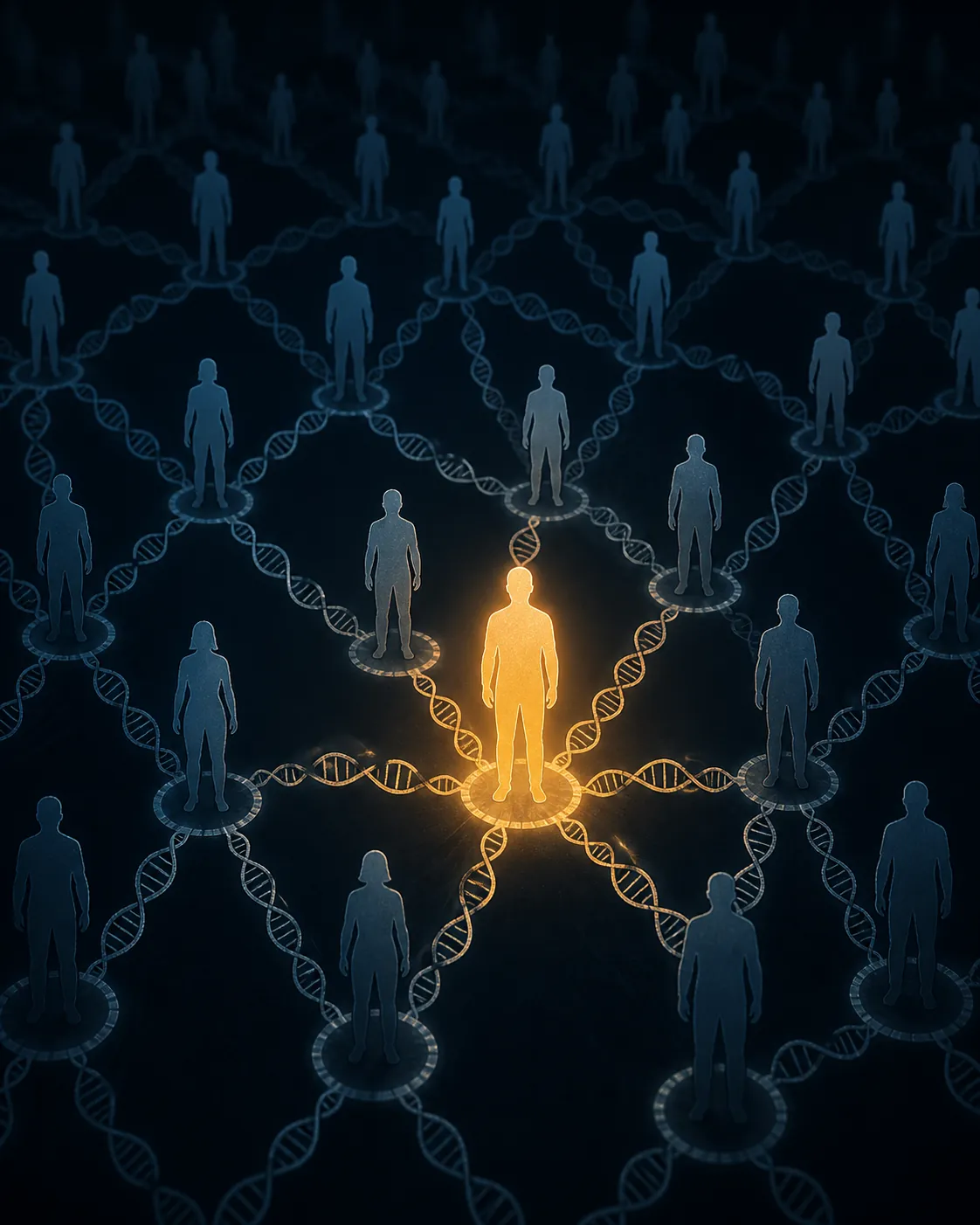 Anonymous connected silhouettes with one highlighted figure illustrating indirect identification through relatives