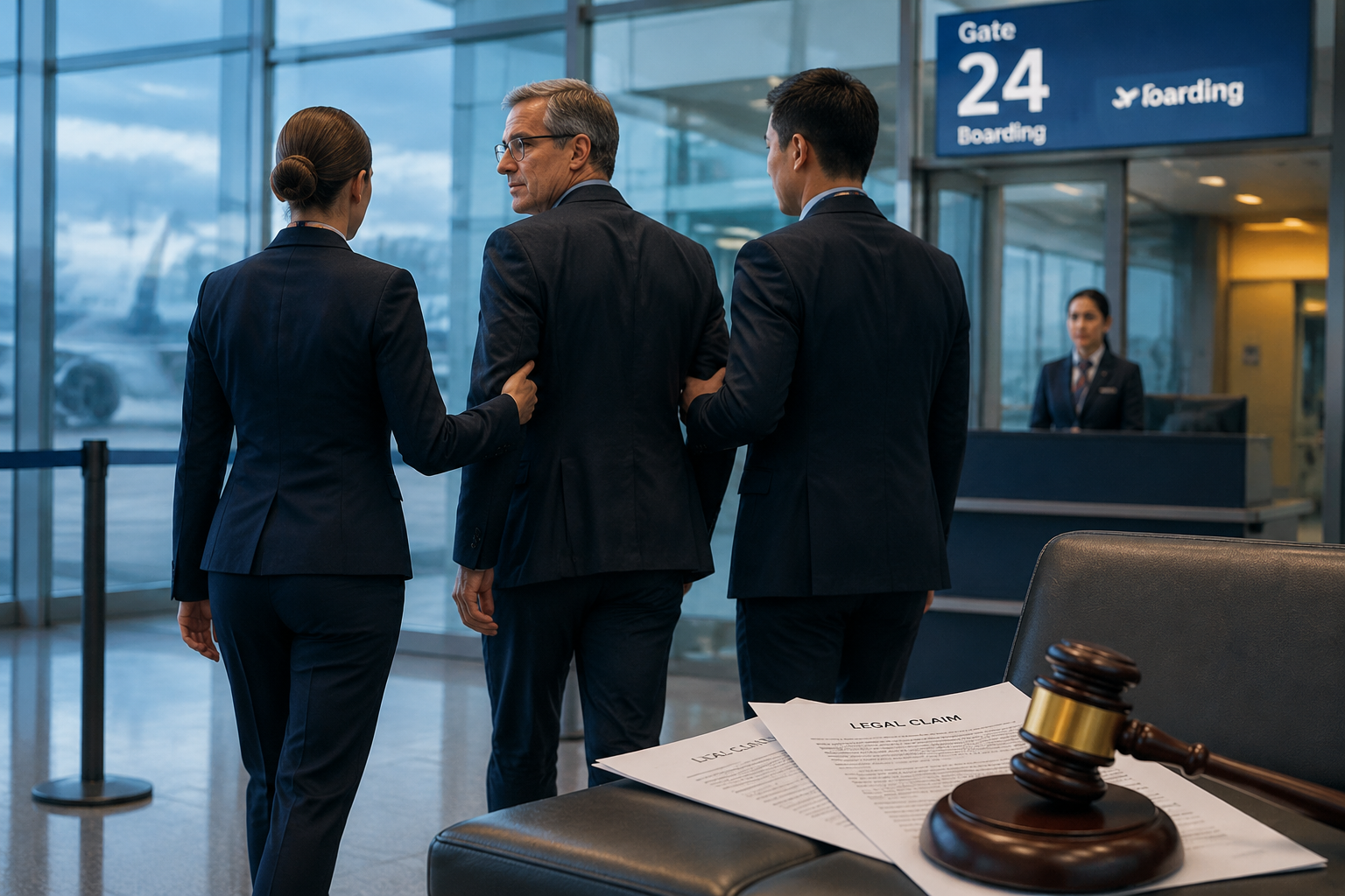 Business passenger escorted away from an airport boarding gate with legal documents and a gavel nearby