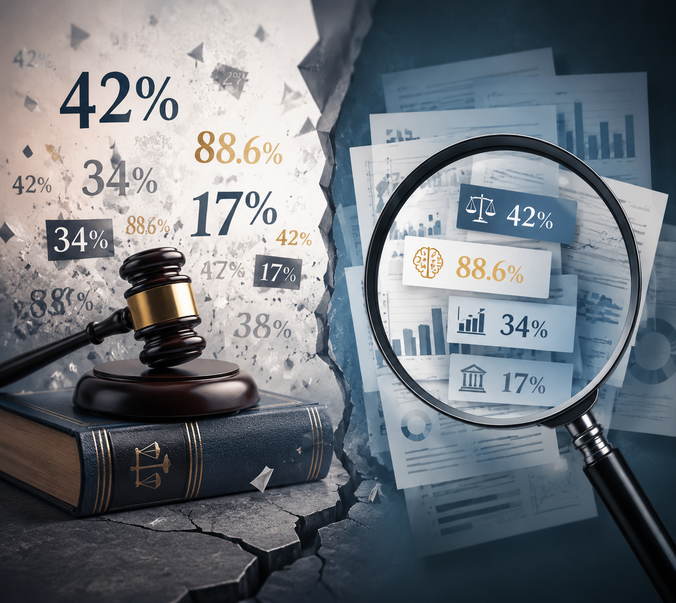 Gavel, law book, scattered benchmark percentages, and magnifying glass over benchmark documents