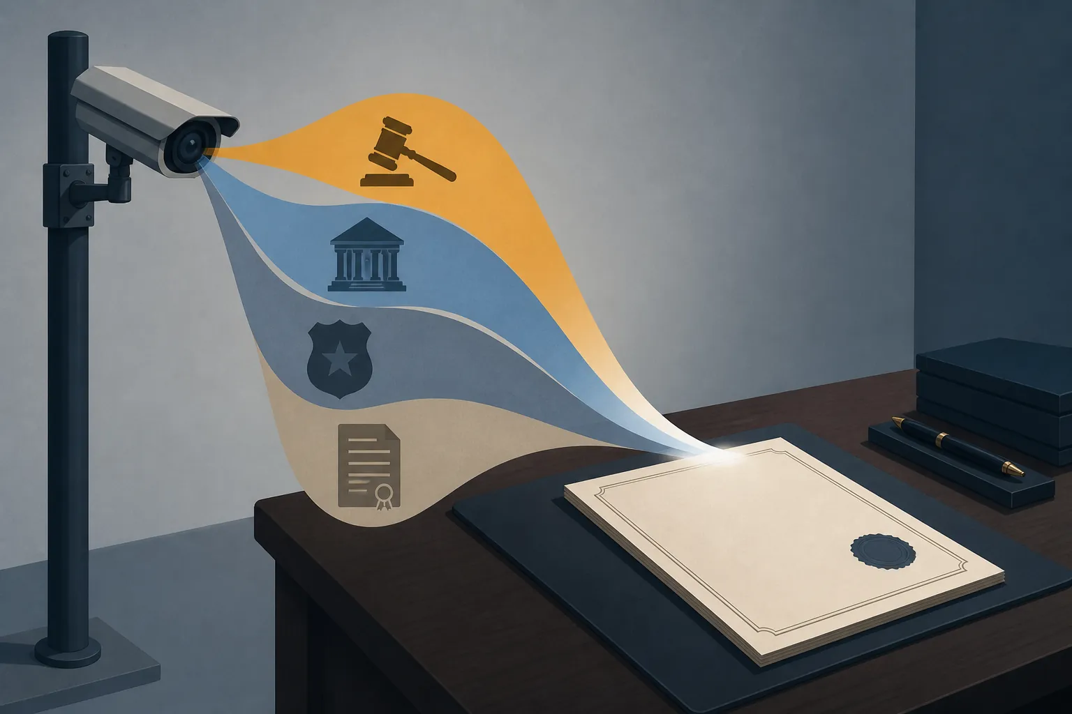 Four legal risk streams from a surveillance camera converging into one municipal contract