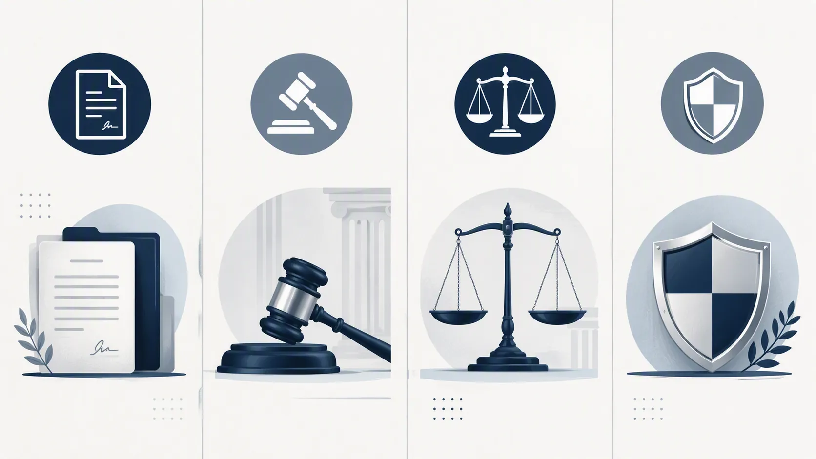 Four legal arguments shown as balanced columns in a minimalist legal framework