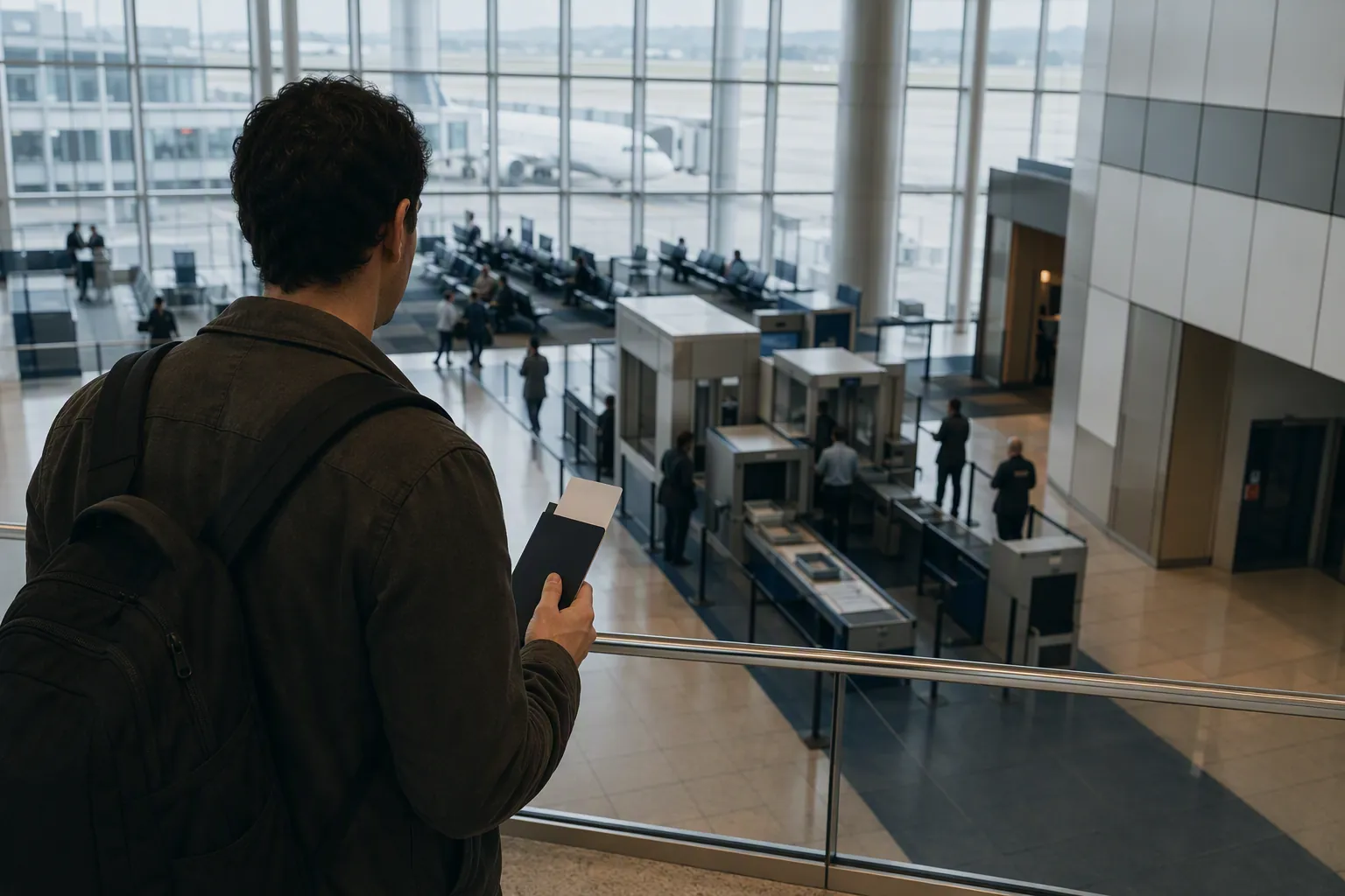 Traveler holding documents inside a modern airport terminal near security and gate areas