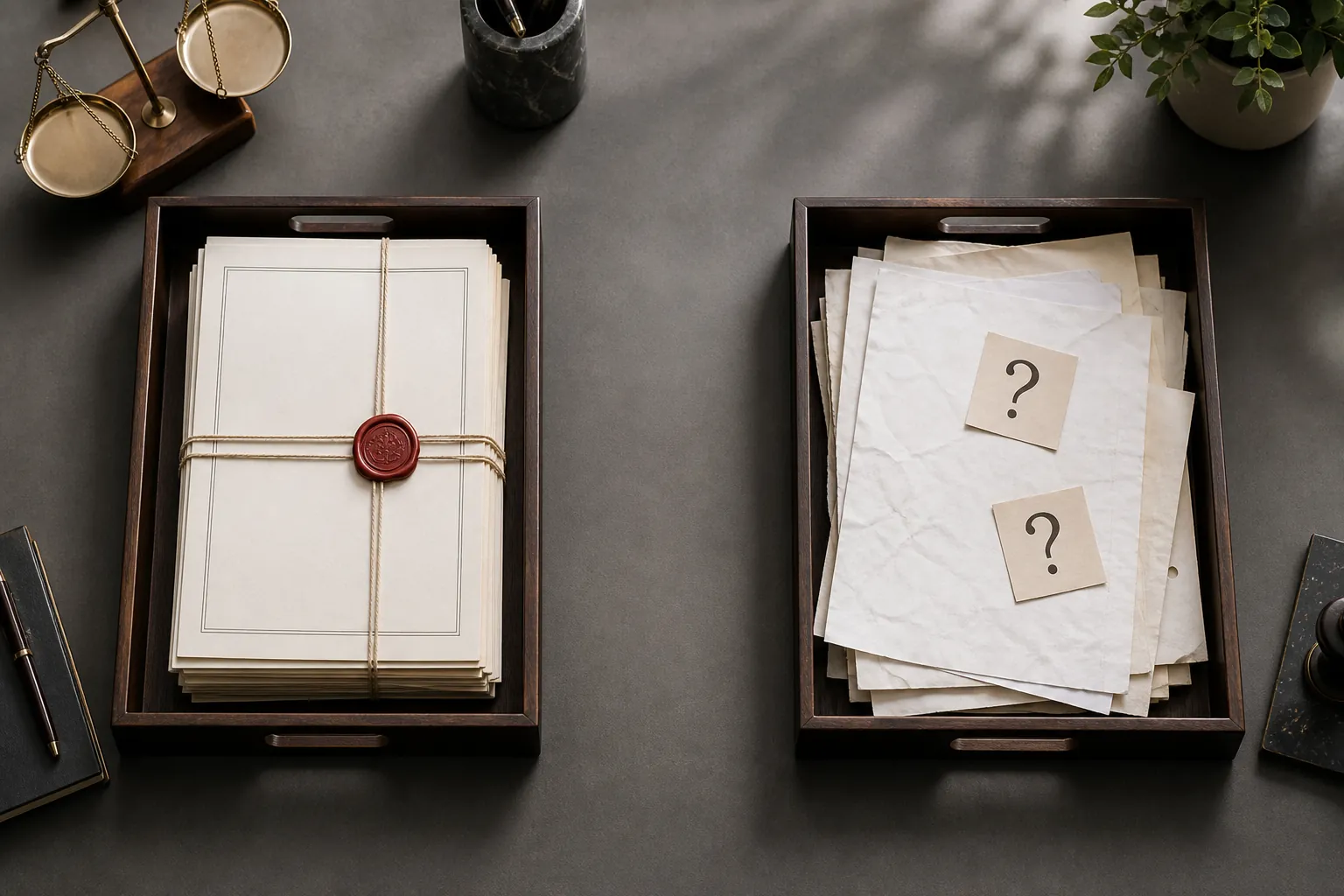 Two evidence trays separating sealed confirmed documents from loose untested allegation papers