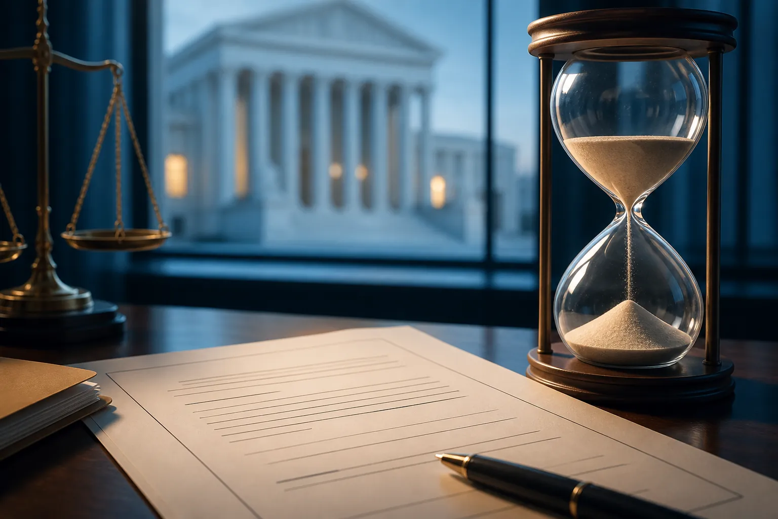 Legal document beside an hourglass with a courthouse blurred in the background