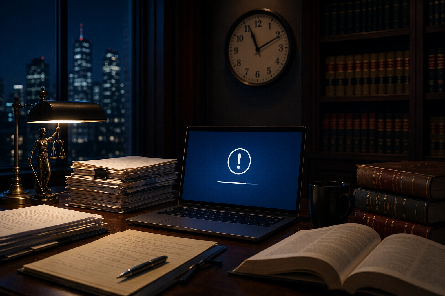 Late-night law firm library with legal documents, a laptop service interruption message, and deadline pressure