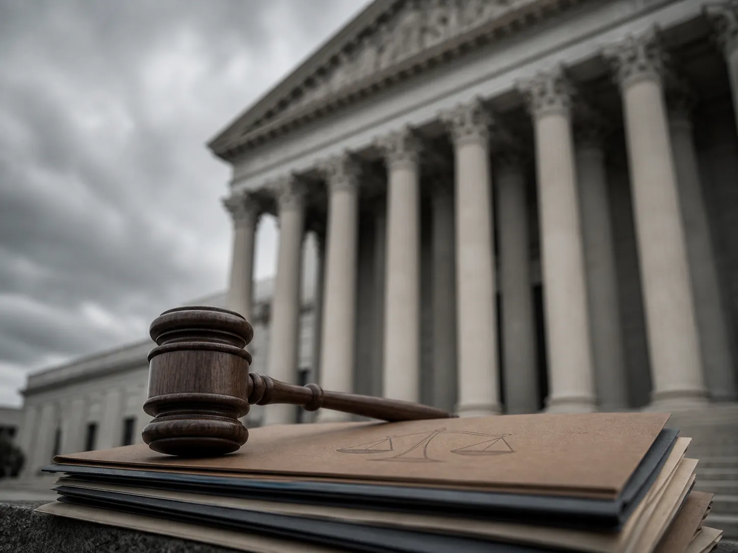 Federal courthouse columns with a gavel and legal folders in the foreground