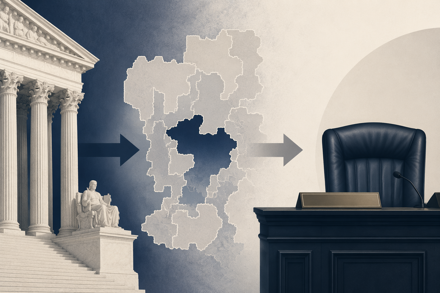 Supreme Court columns, a redrawn district map, and an empty congressional chair