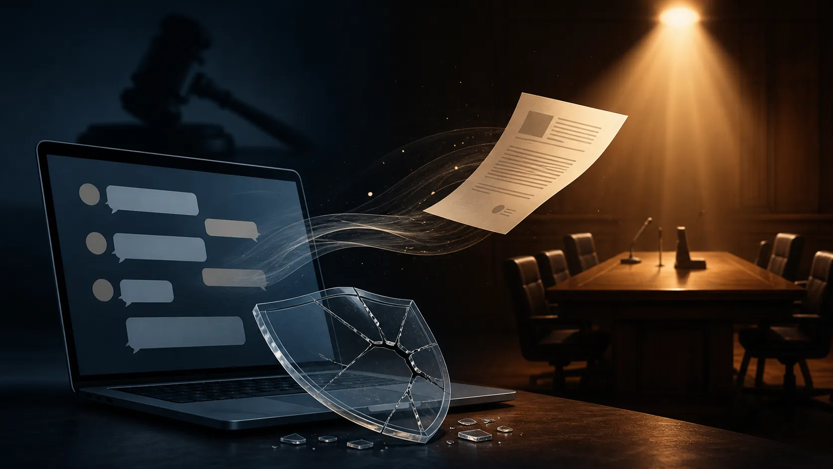 Laptop chat interface producing a legal document toward a courtroom table with a cracked shield suggesting privilege exposure