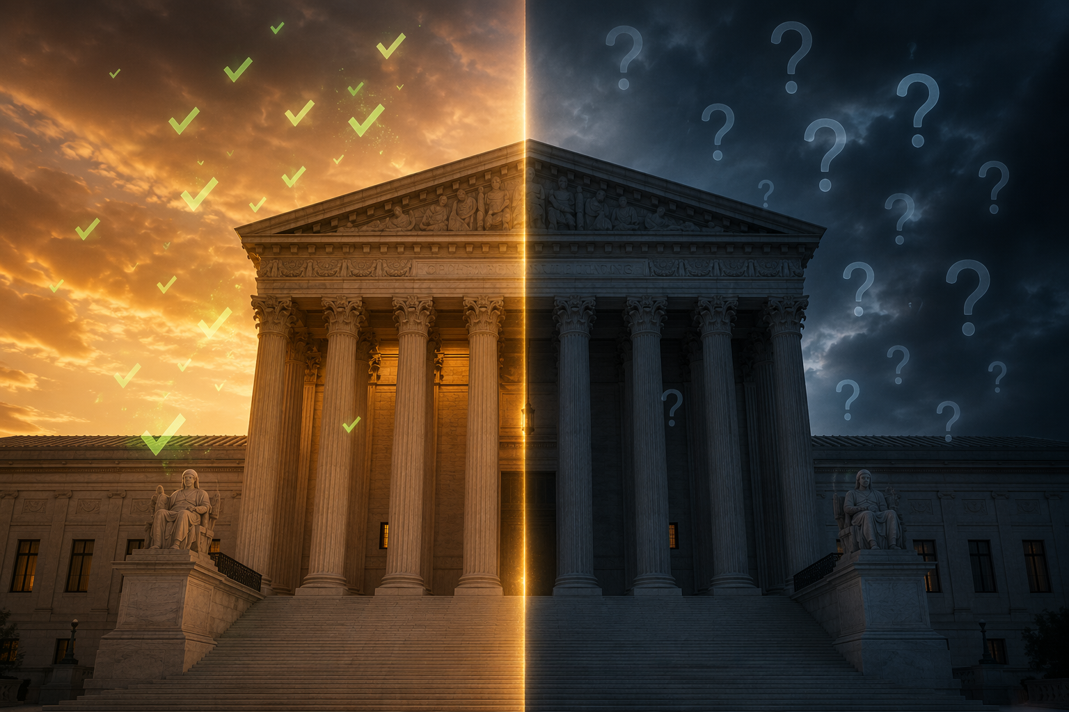 The United States Supreme Court building at dusk divided between public agreement and public doubt