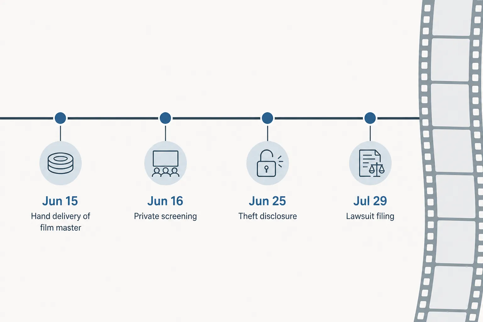Horizontal timeline showing Jun 15, Jun 16, Jun 25, and Jul 29 events in the film-master dispute