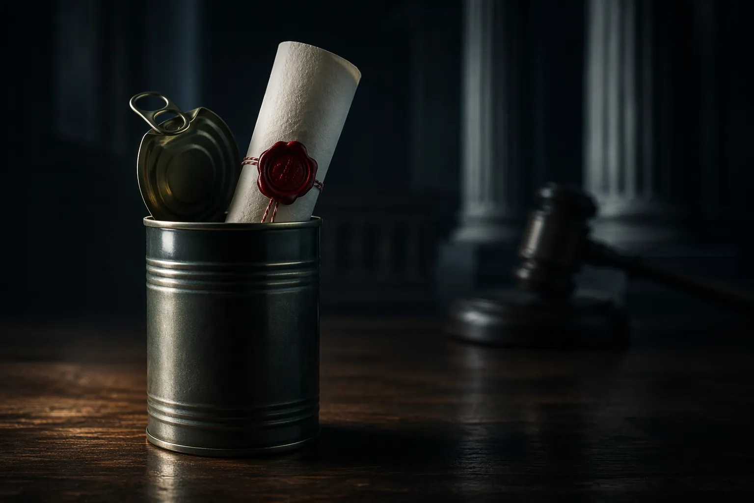 Soup can with a legal document and courtroom imagery