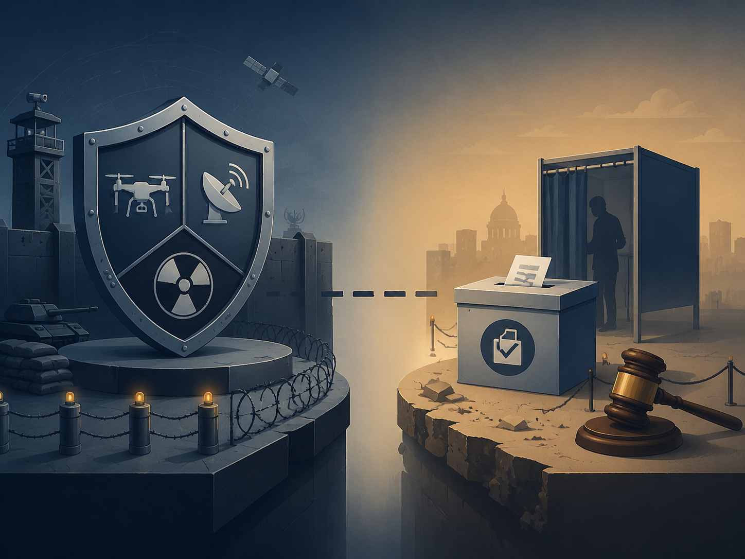 A fortified defense AI framework beside a less protected election framework with a broken connection between them