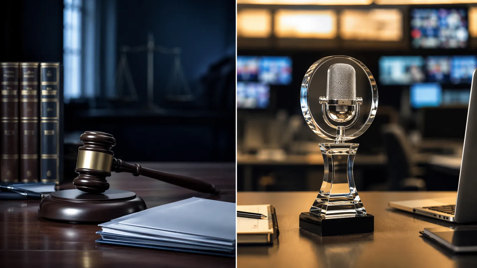 Split scene of a judge's gavel and legal documents opposite a journalism award in a newsroom