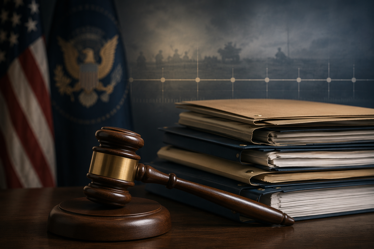 Judge's gavel beside military document folders and legal briefs