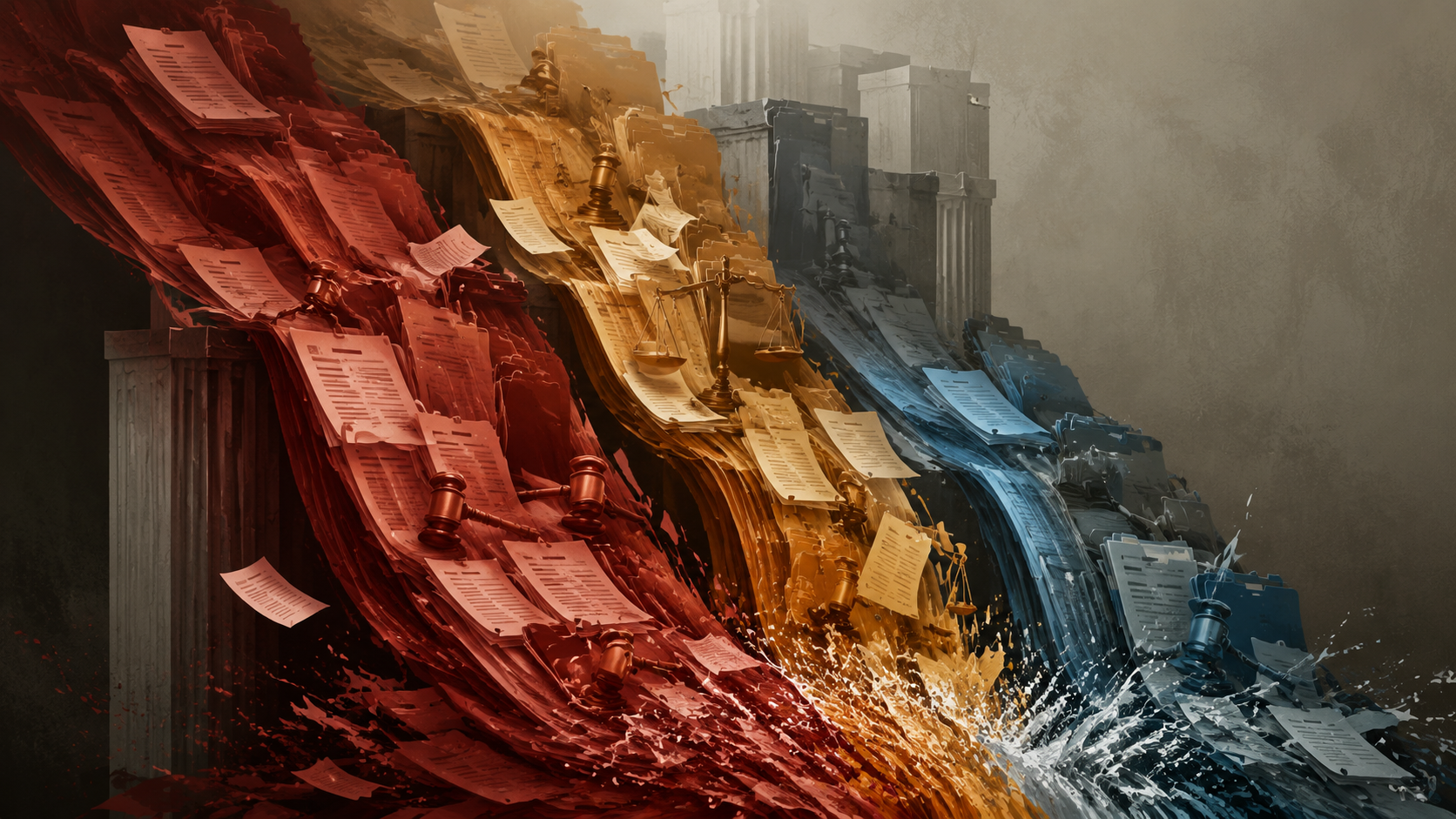 Overlapping abstract legal-liability streams with case-file shapes and gavel symbols