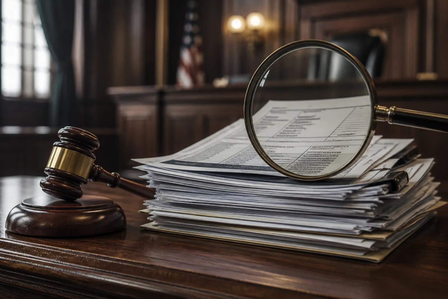Courtroom bench with bail bond documents and bank statements under a magnifying glass
