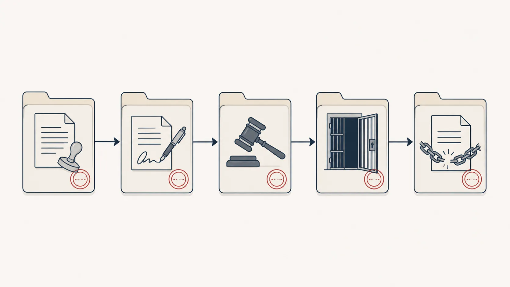 Procedural timeline of filed charge, signed plea, sentencing, release, and post-custody document steps