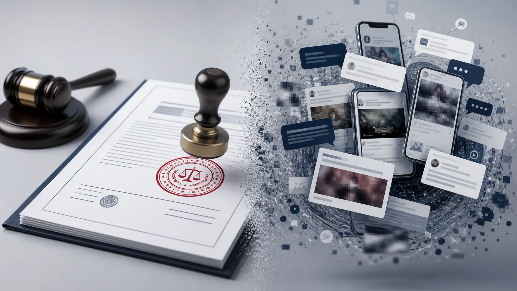 Official case record being verified beside a swirl of search snippets, messages, and blurred video thumbnails