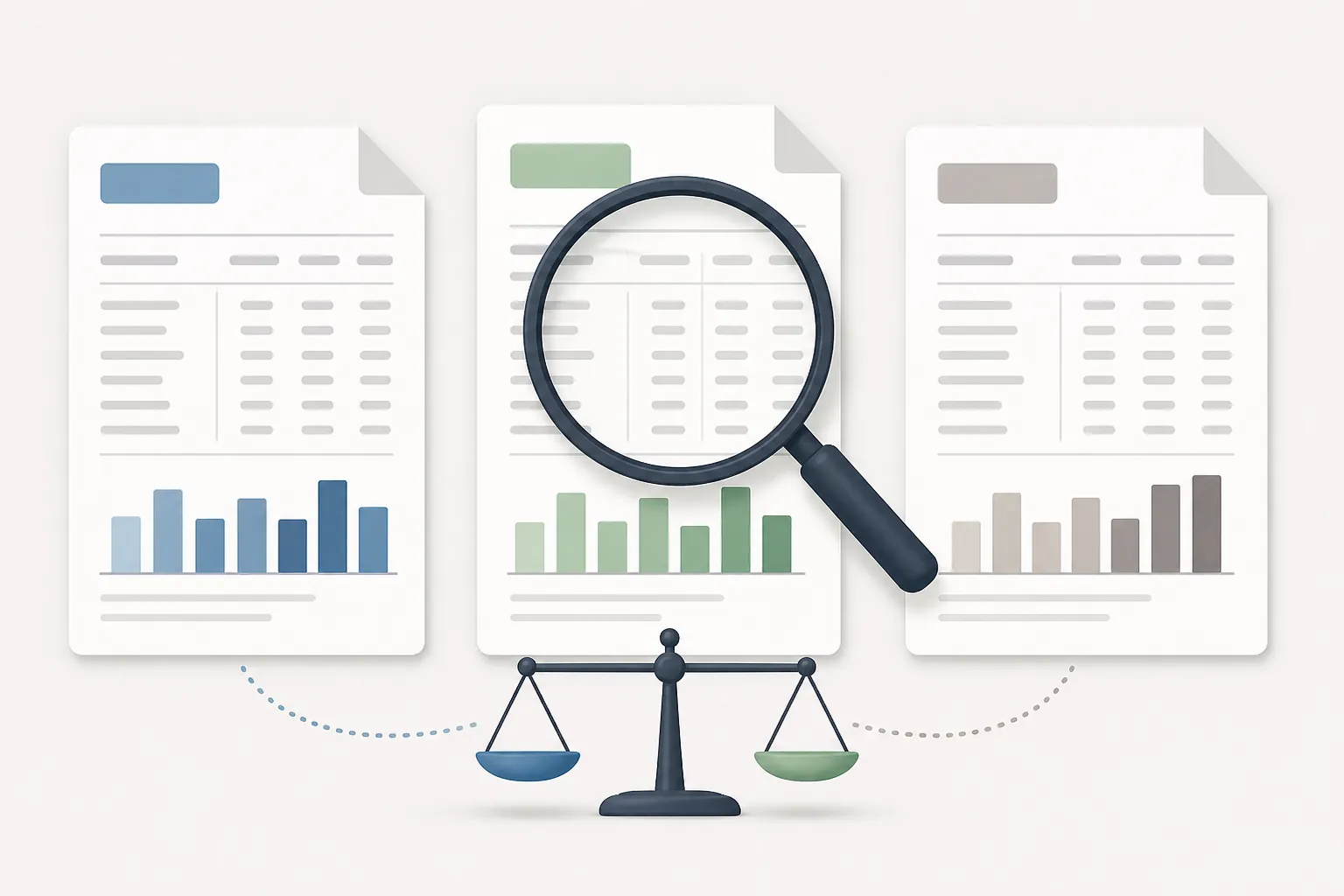 Three payment estimate documents compared under a magnifying glass with a balance scale