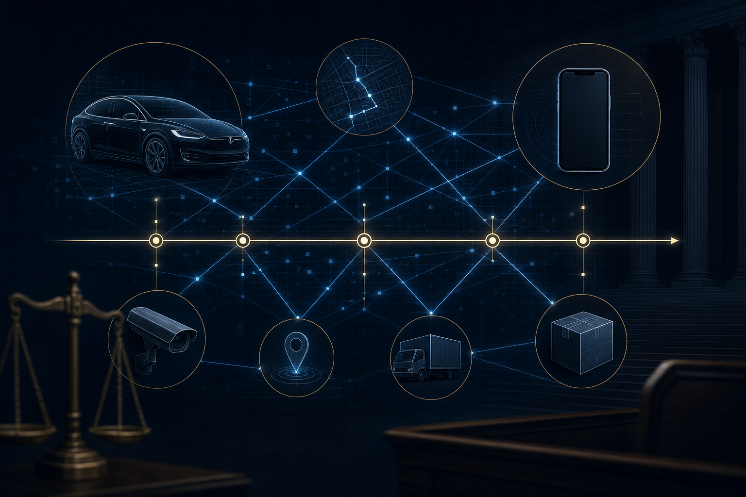 Network of digital evidence elements including vehicle data, smartphone records, deliveries, surveillance cameras, and timeline markers
