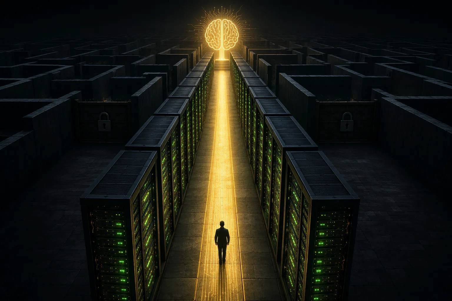 Server room corridor with green GPU racks, an exclusive golden path to an AI brain, and blocked side paths