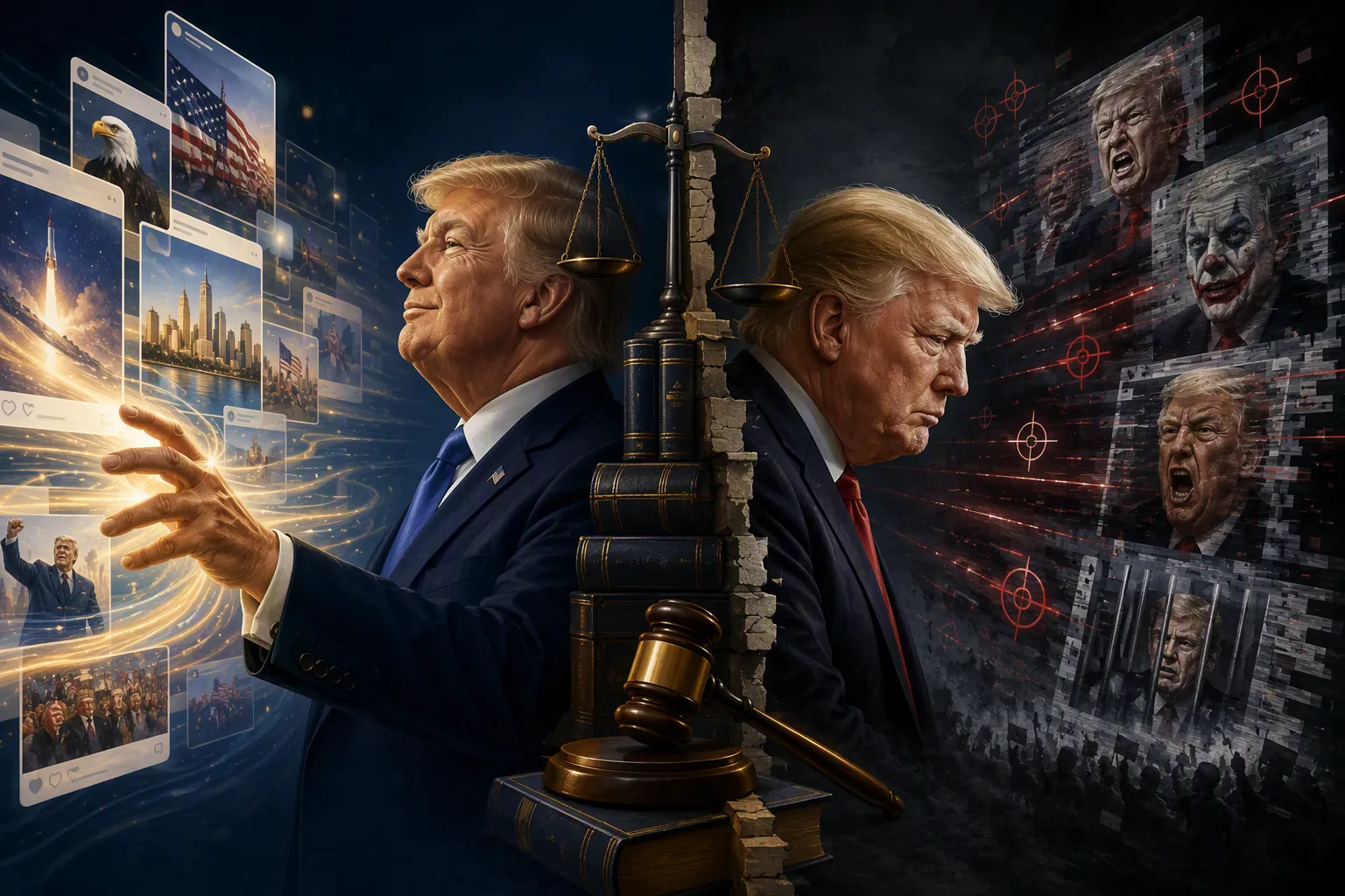 Donald Trump shown as both publisher and target of AI-generated political images divided by legal symbols