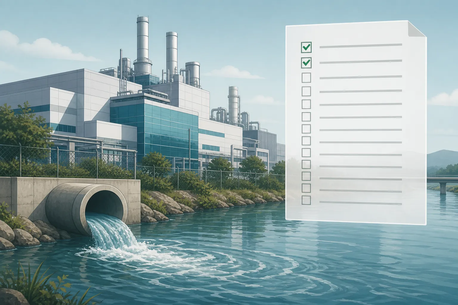 Illustration of a semiconductor plant effluent pipe flowing into a river beside a regulatory checklist with two checked boxes and many unchecked PFAS entries